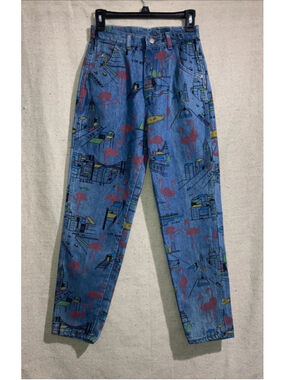Vintage Wrangler Pink Flamingo Denim Blue Jeans New York All Over Print Womens 9